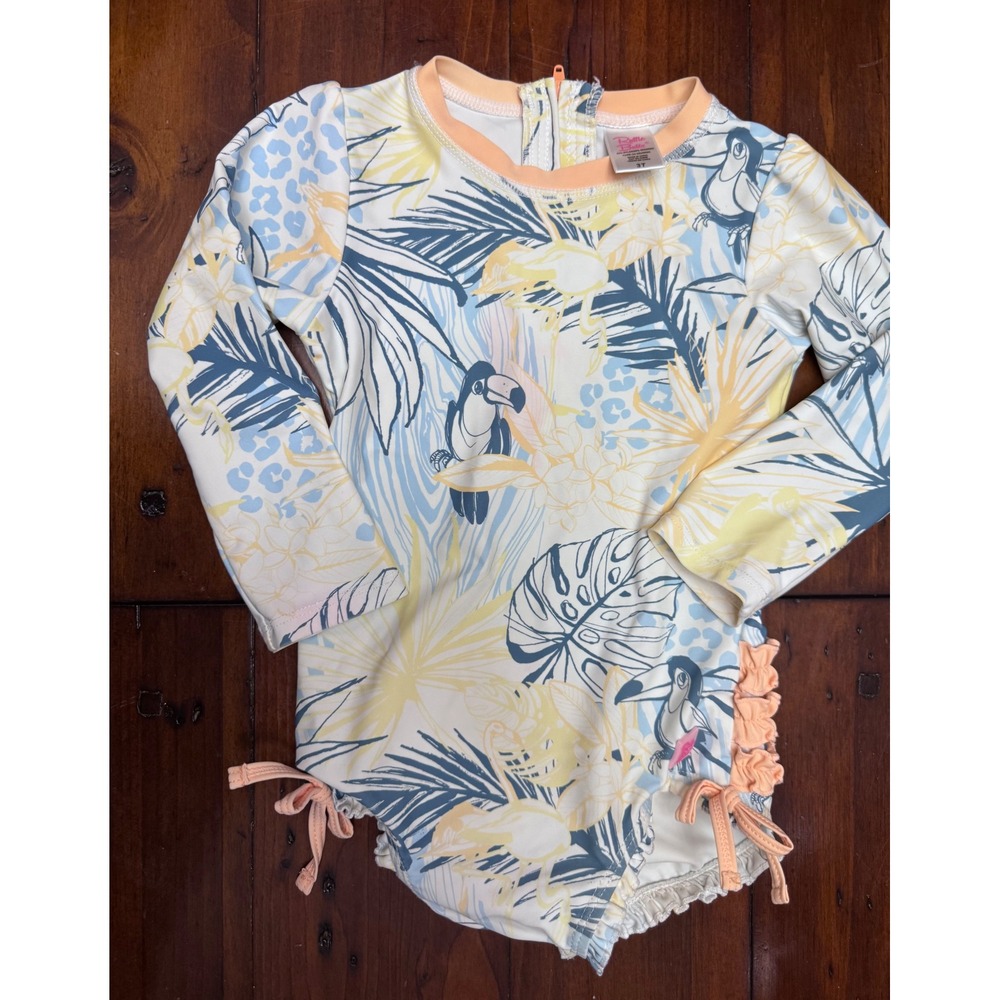 RuffleButts Girls 3T Tropical Toucan Long Sleeve Rash Guard Swimsuit One Piece